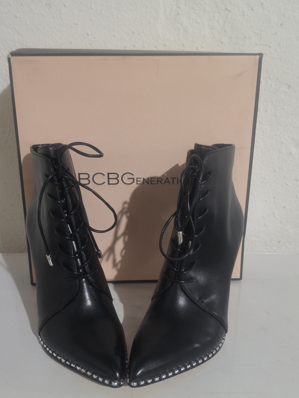 BCBGeneration Haxah Black Leather Lace-Up Pointed Toe Ankle Boots